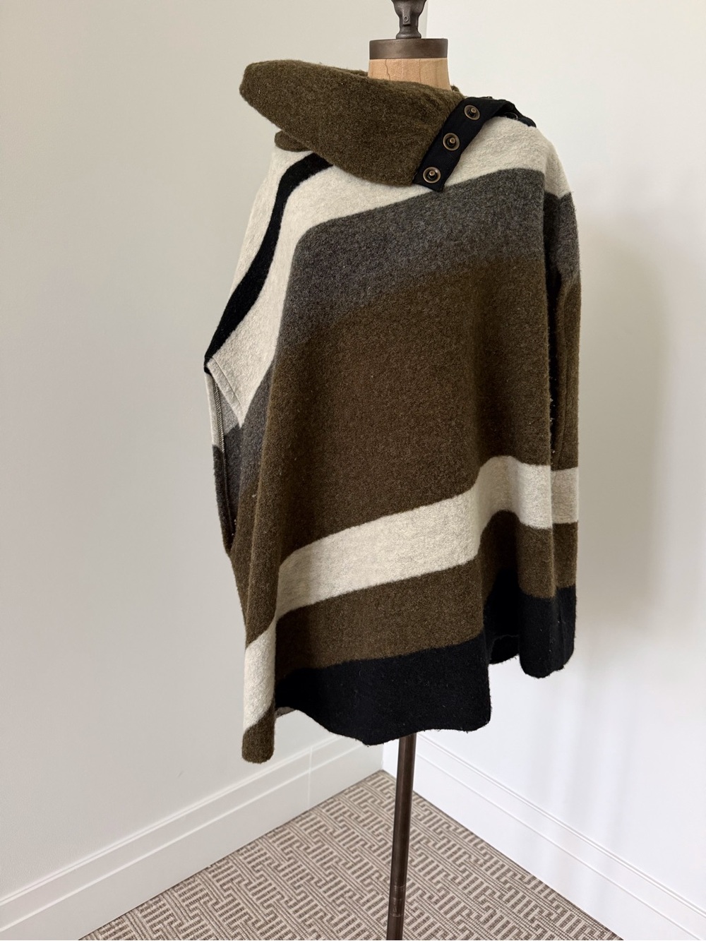 Striped Hooded Poncho Sweater in Olive, Cream & Black